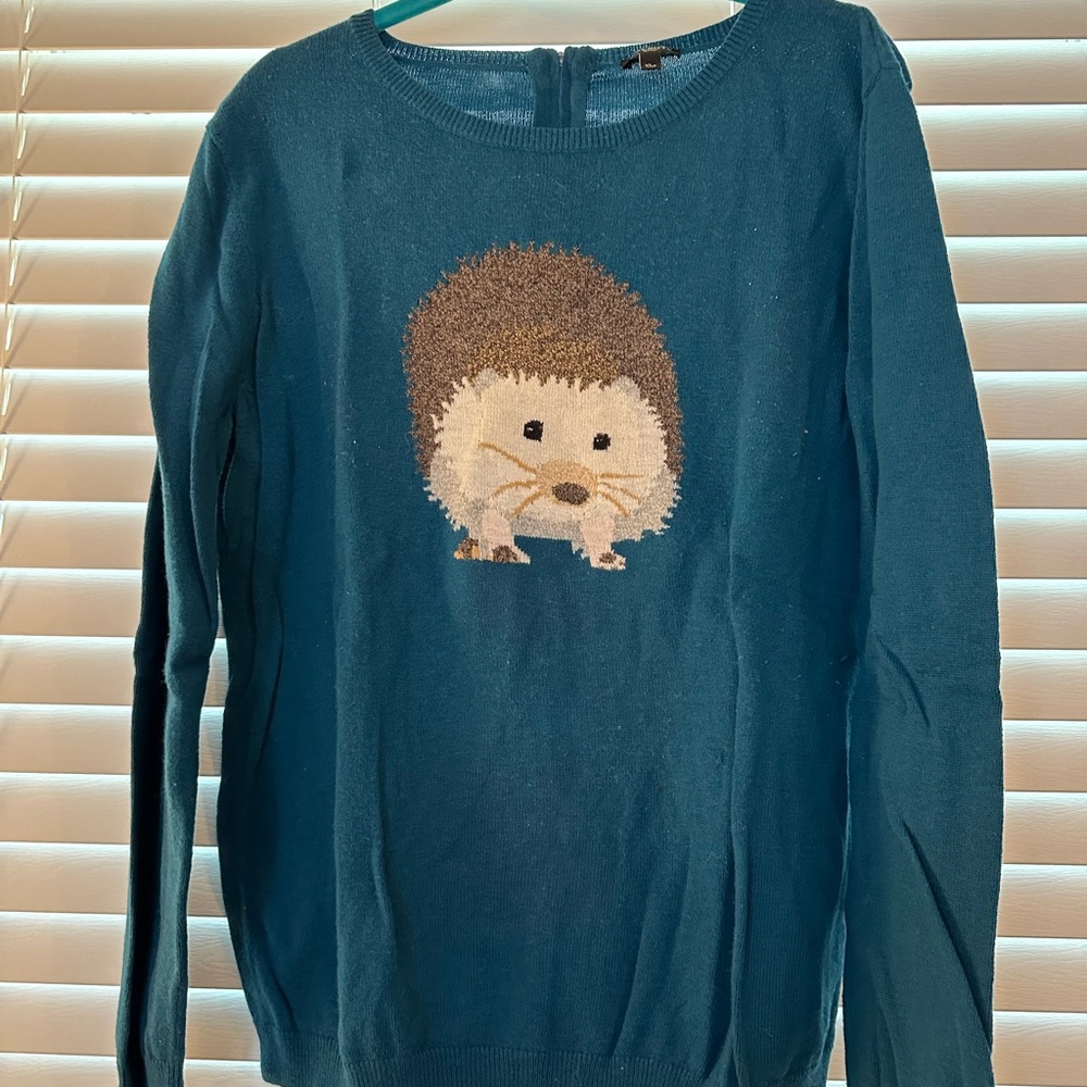 Talbots Teal Crew Neck Sweater with Hedgehog Design